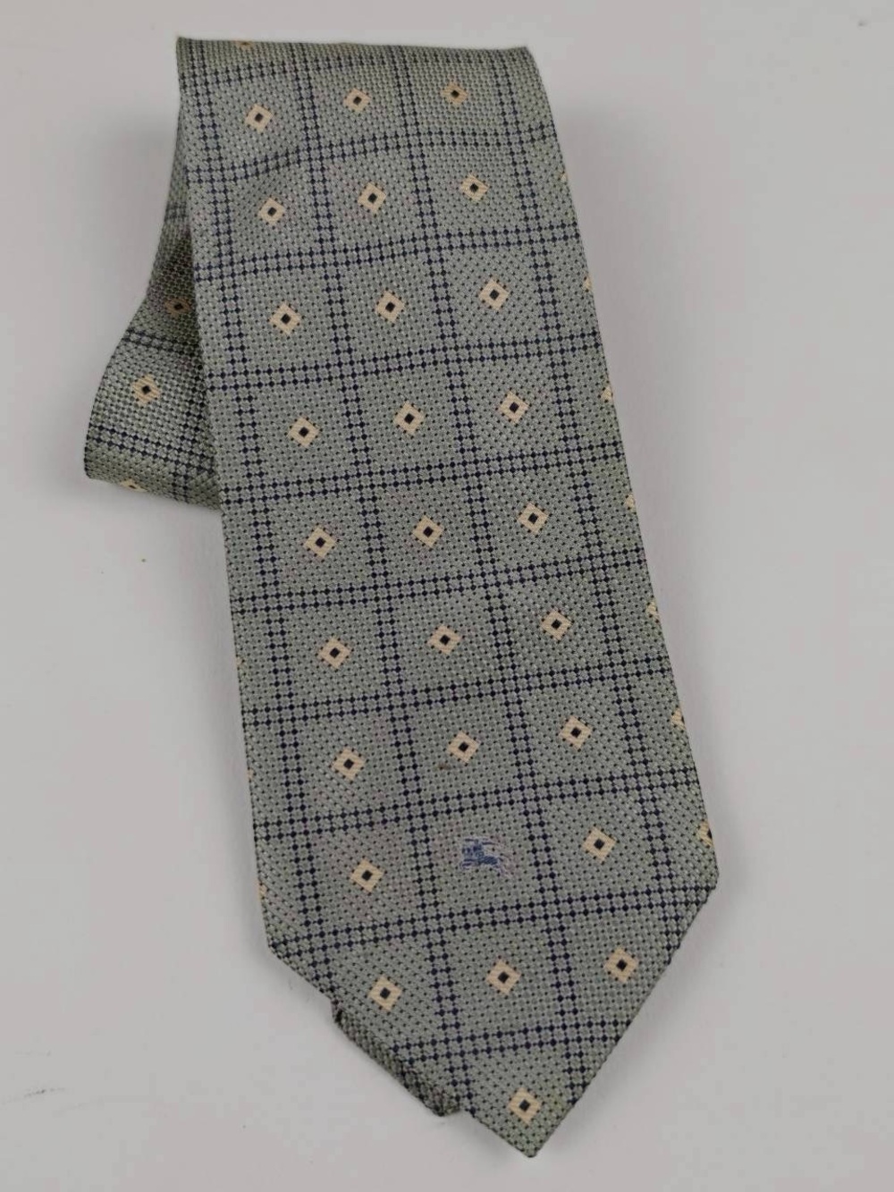 Burberry Green and Cream Geometric Silk Tie